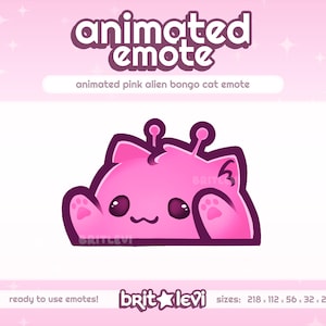 Puede incluir: Un emote animado rosa que presenta un gato alienígena con antenas. El texto "animated emote" está en la parte superior, con "animated pink alien bongo cat emote" debajo. El nombre del artista y los tamaños están en la parte inferior.
