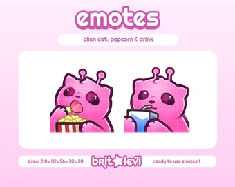 Pink Alien Cat Glorp Popcorn and Drinking Emotes: Twitch & Discord Emotes (Digital Download)