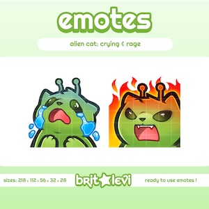 May include: Two emotes featuring an alien cat. One is crying with blue tears, the other is angry with flames around its head. The word "emotes" is at the top, and the text "alien cat: crying & rage" is below it.
