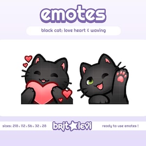 Emoticones de Gato Negro / Corazón de Amor y Saludo: Emoticones de Twitch y Discord (Descarga digital)