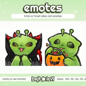 以下が含まれることがあります： ハロウィーン用の2つの緑色のエイリアンキャット絵文字。1つは黒いマントと赤いアクセントの吸血鬼の格好をしています。もう1つは、お菓子でいっぱいのジャック・オー・ランタンのバケツを持っています。「emotes」と「trick or treat alien cat emotes」と書かれています。