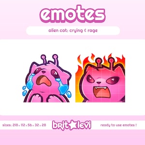 May include: Pink alien cat emotes, one crying with blue tears, the other enraged with flames. Text reads "emotes" and "alien cat: crying & rage". The image includes the text "brit levi" and "ready to use emotes!"