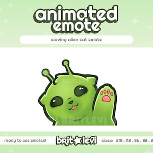 Puede incluir: Un gato alienígena de dibujos animados verde saludando con una pata rosa. La imagen incluye el texto "animated emote" y "waving alien cat emote". La imagen también incluye el texto "ready to use emotes!" y el nombre del artista y los tamaños.