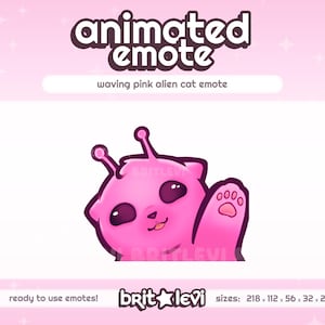 以下が含まれることがあります： ピンク色の、手を振るエイリアン猫のアニメーション絵文字。猫は大きな目、触角、挨拶のために上げられた足を持っています。上部のテキストは「animated emote」と「waving pink alien cat emote」と書かれています。画像にはアーティスト名とサイズオプションが含まれています。