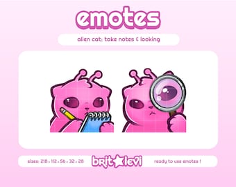 Pink Alien Cat Glorp Taking Notes and Looking Emotes: Twitch & Discord Emotes (Digital Download)