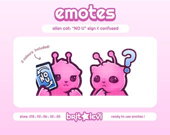 Puede incluir: Dos emotes de gato alienígena rosa. Uno sostiene un letrero de "NO U", el otro está confundido con un signo de interrogación. La imagen incluye el texto "emotes" y "¡2 colores incluidos!".