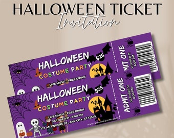 Invitation au billet d’Halloween modifiable, invitation au billet de fête costumée, invitation à la fête d’Halloween, fête costumée d’Halloween, billet violet