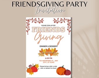 Puede incluir: Una invitación a una fiesta de Friendsgiving el 17 de noviembre a las 6:00 PM. La invitación presenta un diseño otoñal festivo con hojas y calabazas. Incluye la dirección 123 Anywhere St., Any City, ST 12345 y pide a los invitados que traigan un plato, un acompañamiento o un postre para compartir.