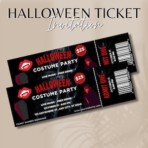 Editable Halloween Ticket Invitation, Vampire Ticket Invitation, Halloween Party Invitation, Halloween Costume Party, Halloween Template