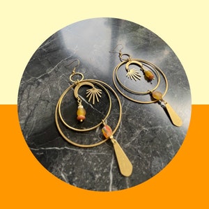 Sandy Earrings - Beautiful brass circle sphere earrings, moon charms, boho beaded statement earrings, chandelier earrings, statement dangles