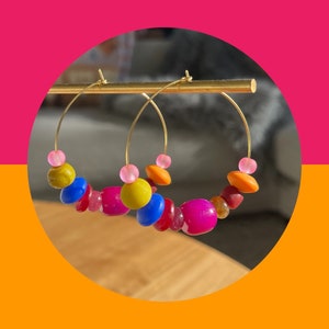 Joy Earrings, colorful, funky beaded hoop earrings, handmade earrings, lightweight earrings, pretty rainbow statement earrings