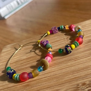 Ashley Earrings, colorful, funky beaded hoop earrings, handmade earrings, lightweight earrings, pretty rainbow statement earrings