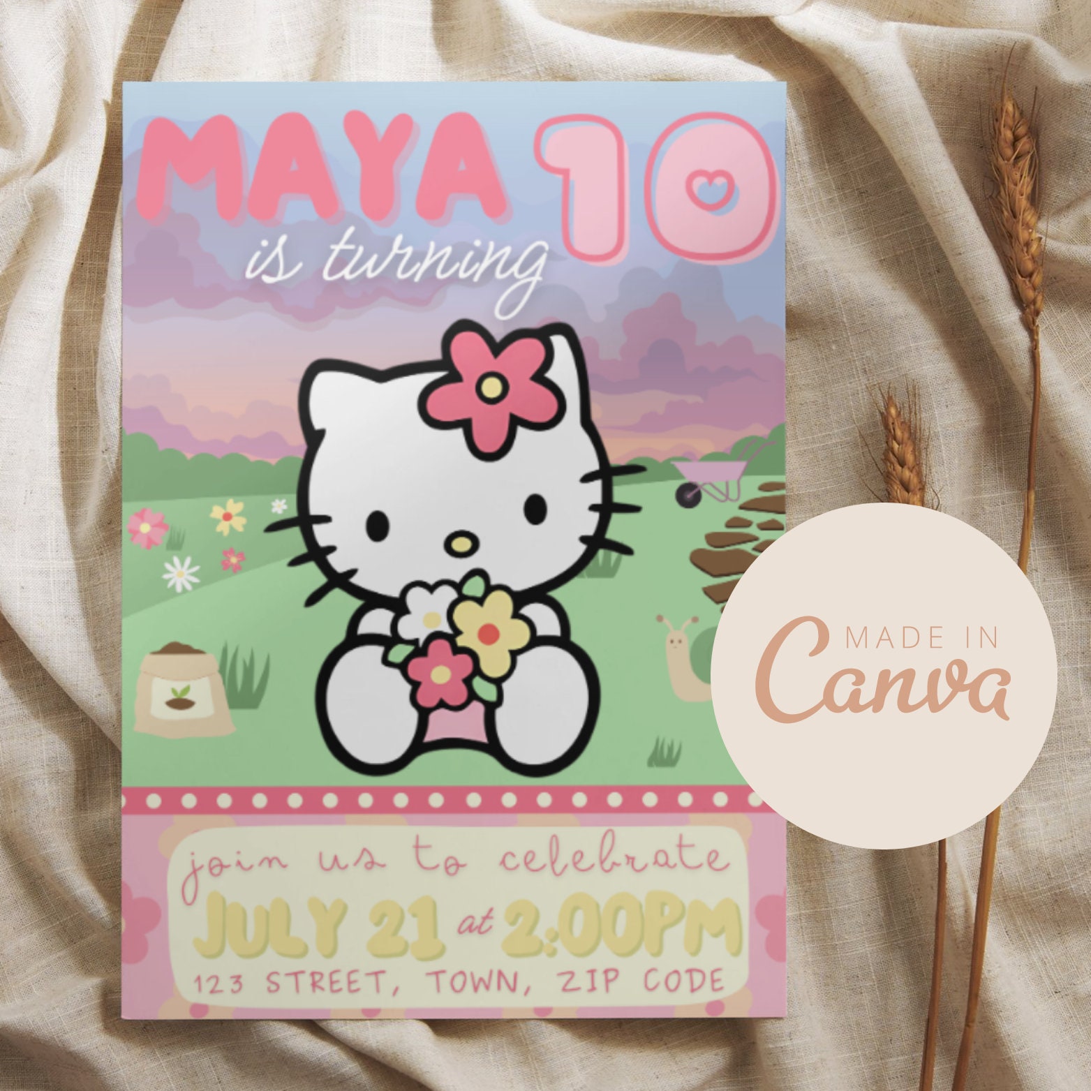 Canva Editable Kawaii Kitty Garden Birthday Invitation, Canva Editable Kawaii Cat Template, Birthday Girl Card, Cute Cat Invitation