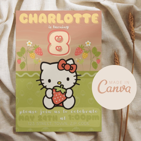 Canva Editable Kawaii Kitty Strawberry Birthday Invitation, Canva Editable Kawaii Cat Template, Birthday Girl Card, Cute Cat Invitation