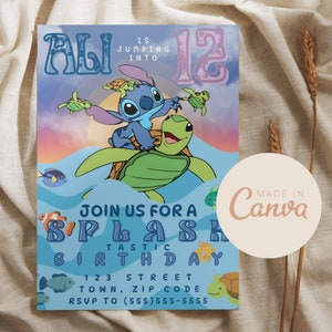 Canva editável Splashtastic Lilo e Stitch convite de aniversário, modelo de ponto editável Canva, cartão de aniversário, convite colorido fofo