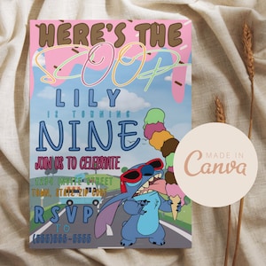 Faire-part d'anniversaire modifiable Lilo and Stitch crème glacée Canva, modèle de point modifiable Canva, carte d'anniversaire, jolie invitation colorée