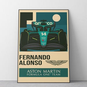 Fernando Alonso Aston Martin Poster | Premium Museum Matte Print | Vintage Bauhaus Style Wall Art Decor | Racing F1 | Formula 1