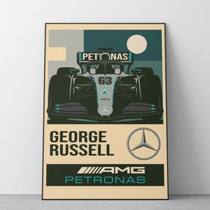 Póster de Russell Mercedes / Impresión mate premium de museo / Arte mural vintage de Mercedes F1 estilo Bauhaus / Carreras de Fórmula 1 AMG