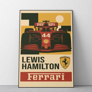Póster de Lewis Hamilton Ferrari / Impresión mate premium de museo / Decoración de pared estilo Bauhaus vintage / Carreras de F1 / Fórmula 1