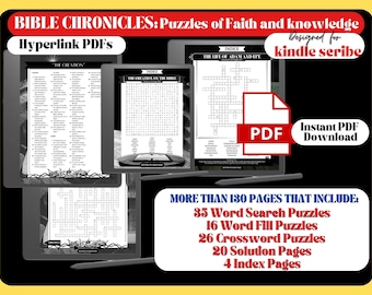 Può includere: Un'immagine digitale di una copertina di libro con il titolo "Bible Chronicles: Puzzles of Faith and Knowledge" e il testo "Designed for Kindle Scribe". La copertina presenta un'immagine in bianco e nero di un libro con una croce sopra. La copertina del libro include anche il testo "Hyperlink PDFs" e "Instant PDF Download".