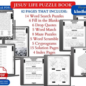 May include: A digital book cover for a Jesus' Life Puzzle Book for Kindle Scribe. The cover features a collage of different puzzle pages, including word searches, fill-in-the-blanks, drop quotes, word match, maze puzzles, word scrambles, and crypgrams. The book includes 82 pages, 14 word search puzzles, 6 fill-in-the-blanks, 6 drop quotes, 5 word match, 8 maze puzzles, 5 word scrambles, 5 crypgrams, 15 solution pages, and 4 index pages.