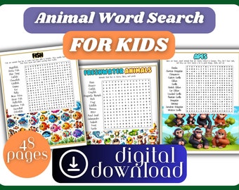 Animal Word Search Puzzle for Kids: Educational Activity (Digital Download)