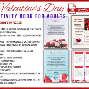 May include: A Valentine's Day activity book for adults with a red heart and the words "FUN VALENTINE'S DAY PUZZLES!"  The book includes 70 love-themed puzzles, including word searches, crosswords, and cryptograms.  The book is in a large print format and includes solution pages.