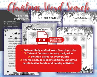 May include: A red banner with white stars and text that reads "66 beautifully crafted Word Search puzzles", "Table of Contents for easy navigation", "Solution pages for every puzzle", and "Themes include global traditions, Christmas carols, festive foods, and holiday activities". The banner is in front of a black and white image of a Christmas word search puzzle.