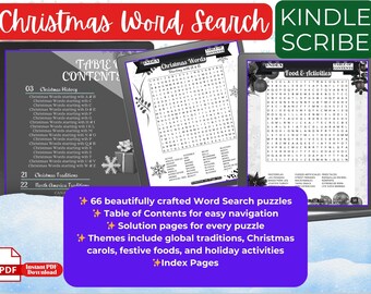 May include: A black and white image of a digital tablet displaying a Christmas Word Search puzzle book. The book features 66 puzzles, a table of contents, solution pages, and index pages. The themes include global traditions, Christmas carols, festive foods, and holiday activities.