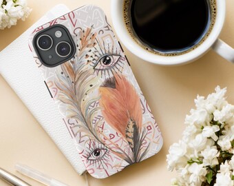Tough Phone Cases for iPhone and Samsung, Vintage Boho Phone Cases Feather Eye Design, Beautiful Phone Cases Gift for Friends Family Teacher