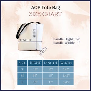 AOP tote bag size chart.