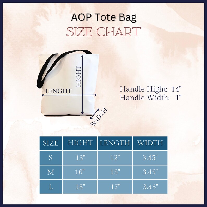 AOP tote bag size chart.