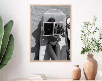 Black and White Woman Reading on Beach Print, Luxury Fashion Poster (Digital Print)