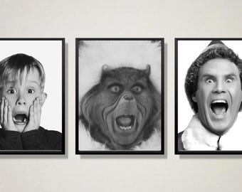 May include: Three framed black and white portraits of characters with surprised expressions. The portraits include a young boy with hands on his face, a Grinch, and Buddy the Elf.