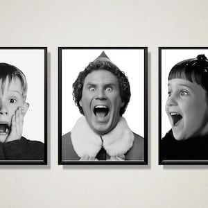 Puede incluir: Conjunto de tres impresiones enmarcadas en blanco y negro que presentan personajes icónicos de películas con expresiones de sorpresa. Las impresiones incluyen a un niño con las manos en la cara, un hombre con la boca abierta y una niña con expresión de sorpresa.