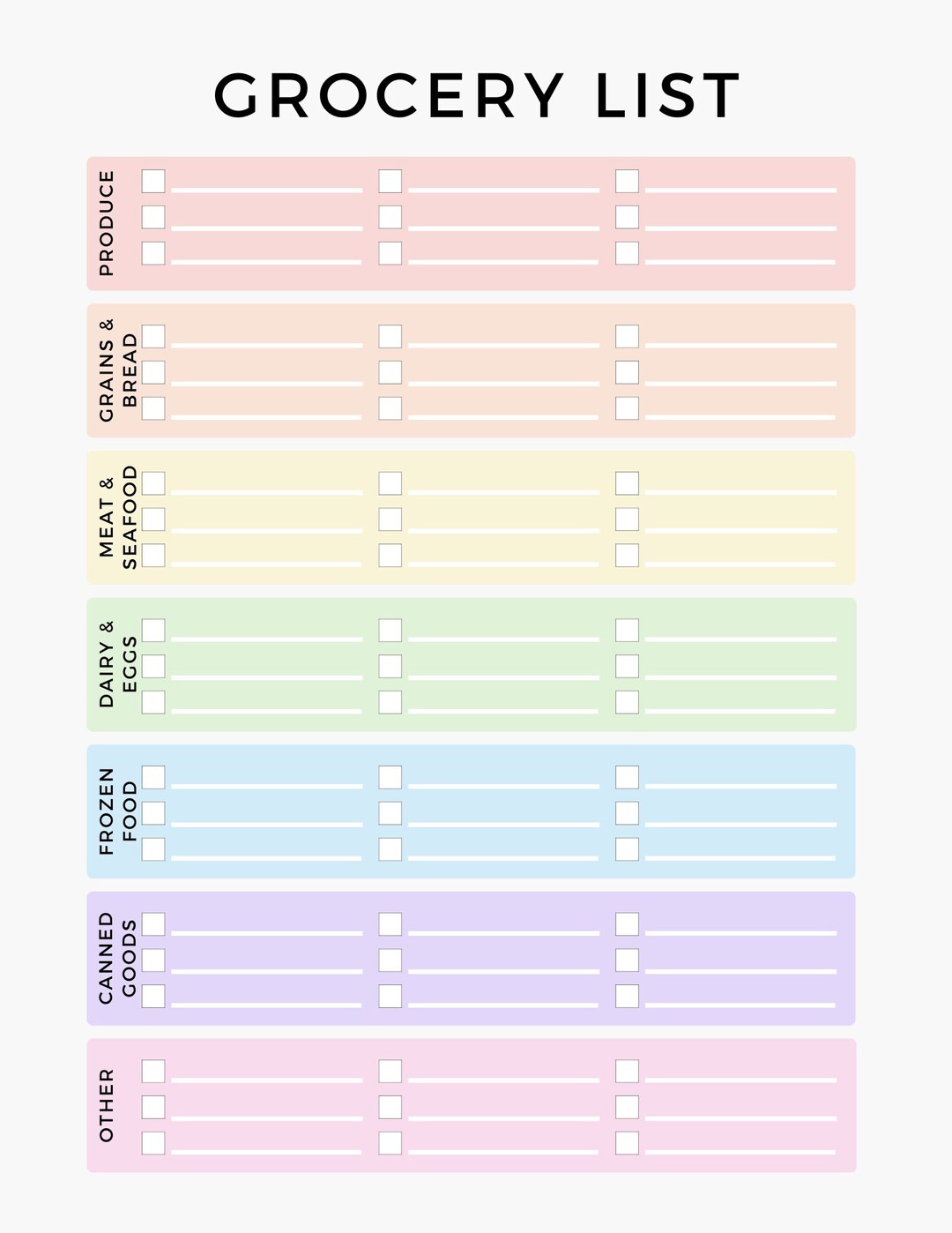 INSTANT DOWNLOAD Printable Colorful Grocery List, Rainbow, Organized by ...