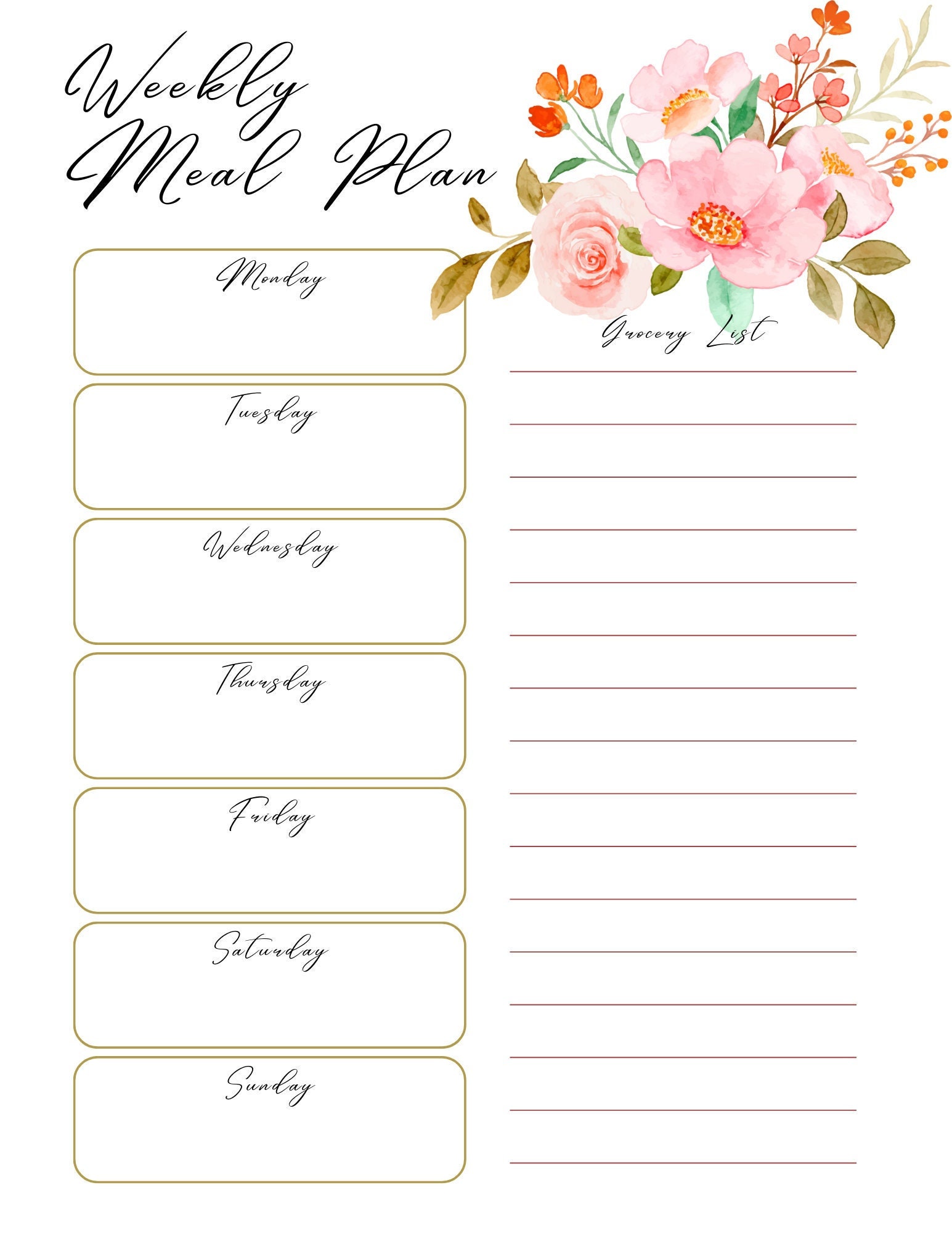 Floral Weekly Meal Plan Template (digital Download) - Etsy Australia