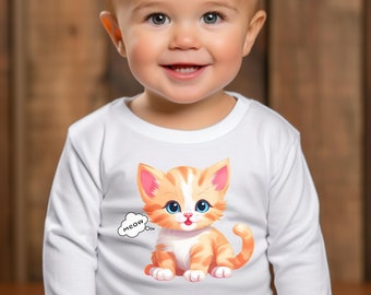 Toddler Long Sleeve Cat Meow Tee,Kitten Tee, Children's Kitty Tee,Toddler Cat Shirt, Gift For Daughter,Son Gift, Little Boy T, Little Girl T
