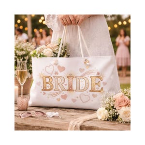 May include: White tote bag with the word "BRIDE" in gold glitter lettering. The bag is decorated with hearts and stars. The bag is filled with flowers and held by a person.