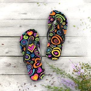 Retro Psychedelischer Flip Flop, Damen Sommer Flip Flop, Schwarzes Retro Design Flip Flop, Sommer Vibes Flip Flop, Tochter Geschenk, Sommer Spaß Sandale