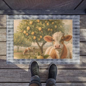 Rustic Cow Doormat, Farmhouse Decor, Welcome Mat for Home, Country Kitchen, Gift for Cow Lovers, Lemon Orchard Design, Outdoor Cow Mat