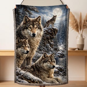 Wolf Pack Woven Blanket, Woodland Animal Tapestry Throw