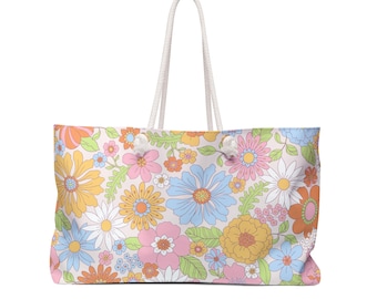 Retro Floral Pattern Weekender, 70s Flower Power Travel Bag