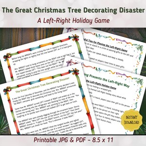 Puede incluir: Un juego navideño imprimible titulado "The Great Christmas Tree Decorating Disaster: A Left-Right Holiday Game". El juego incluye instrucciones y una historia, con una pegatina dorada de "Descarga instantánea". El juego mide 21,59 x 27,94 cm.