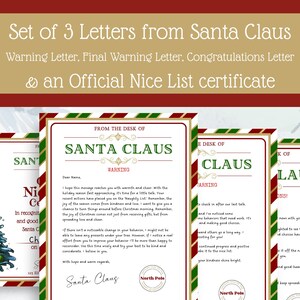 Juego personalizado de 3 cartas de Papá Noel: ¡Aviso, último aviso y felicitaciones! Incluye certificado oficial de buena conducta. Edita en Canva.
