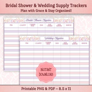 Puede incluir: Dos planificadores de boda imprimibles. El planificador superior es para los suministros de la despedida de soltera, y el inferior es para los suministros de la boda. Ambos tienen detalles florales y columnas para artículo, cantidad, precio y fechas. También incluye el texto "Descarga instantánea".