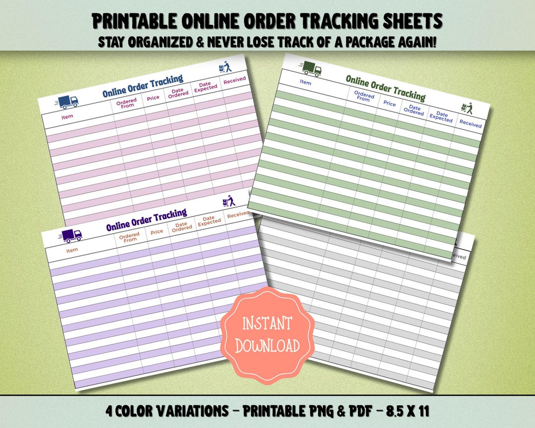 Online Order Tracker | Printable Tracking Sheets, Package Log, Colorful ...