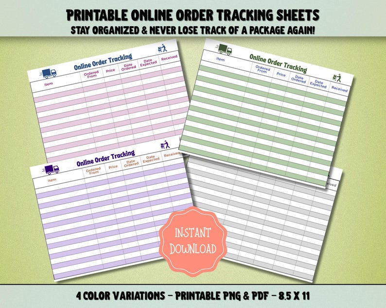 Online Order Tracker | Printable Tracking Sheets, Package Log, Colorful ...