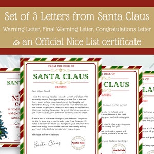 Juego personalizado de 3 cartas de Papá Noel: advertencia, advertencia final y felicitaciones. Certificado oficial de la lista de buenos amigos incluido. Edita en Canva.