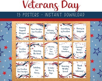 May include: Fifteen printable posters with red, white, and blue patriotic designs and text celebrating Veterans Day. The posters feature stars, wavy lines, and text such as "Bravery Beyond Measure", "Your Sacrifice Our Freedom", "Veterans: True Patriots", "Guardians of Freedom", "Heroes in Uniform", "Freedom Isn't Free", "Honoring the Brave", "Veterans: Our True Heroes", "A Grateful Nation Remembers", "Courage, Honor, Sacrifice", "Our Freedom, Their Sacrifice", "Saluting Our Heroes", "In Valor There Is Hope", "Honoring All Who Served", and "Thank You, Veterans!"